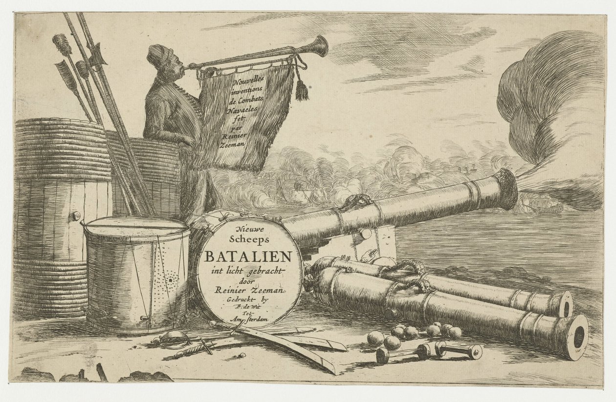 Titelblatt mit der Ausrüstung eines Kriegsschiffes und einem Trompetenspieler von Reinier Nooms
