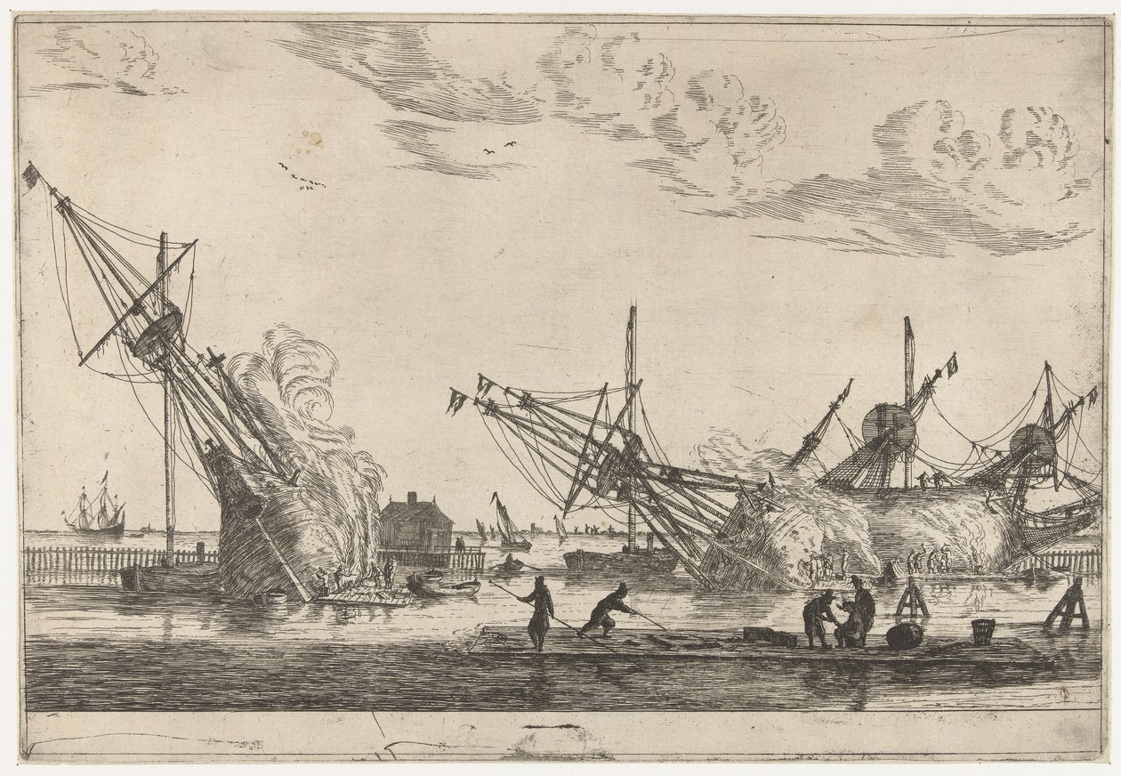 Abdichten der Rümpfe von drei Fluitschiffen (Dreizehn Szenen mit Schiffen) von Reinier Nooms