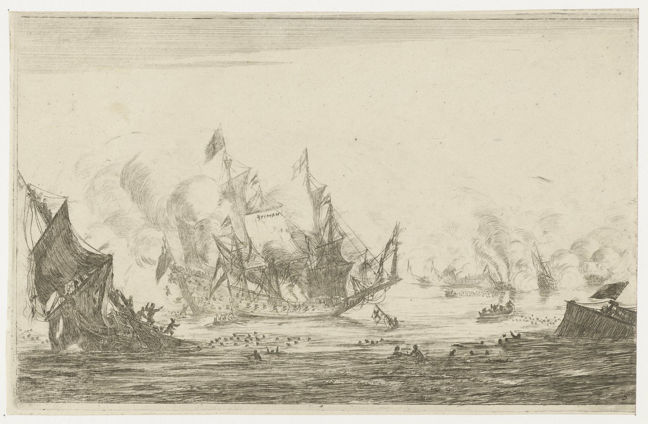 Seeschlacht mit einem sinkenden Schiff
Neue Schiffsschlachten (Serientitel) von Reinier Nooms