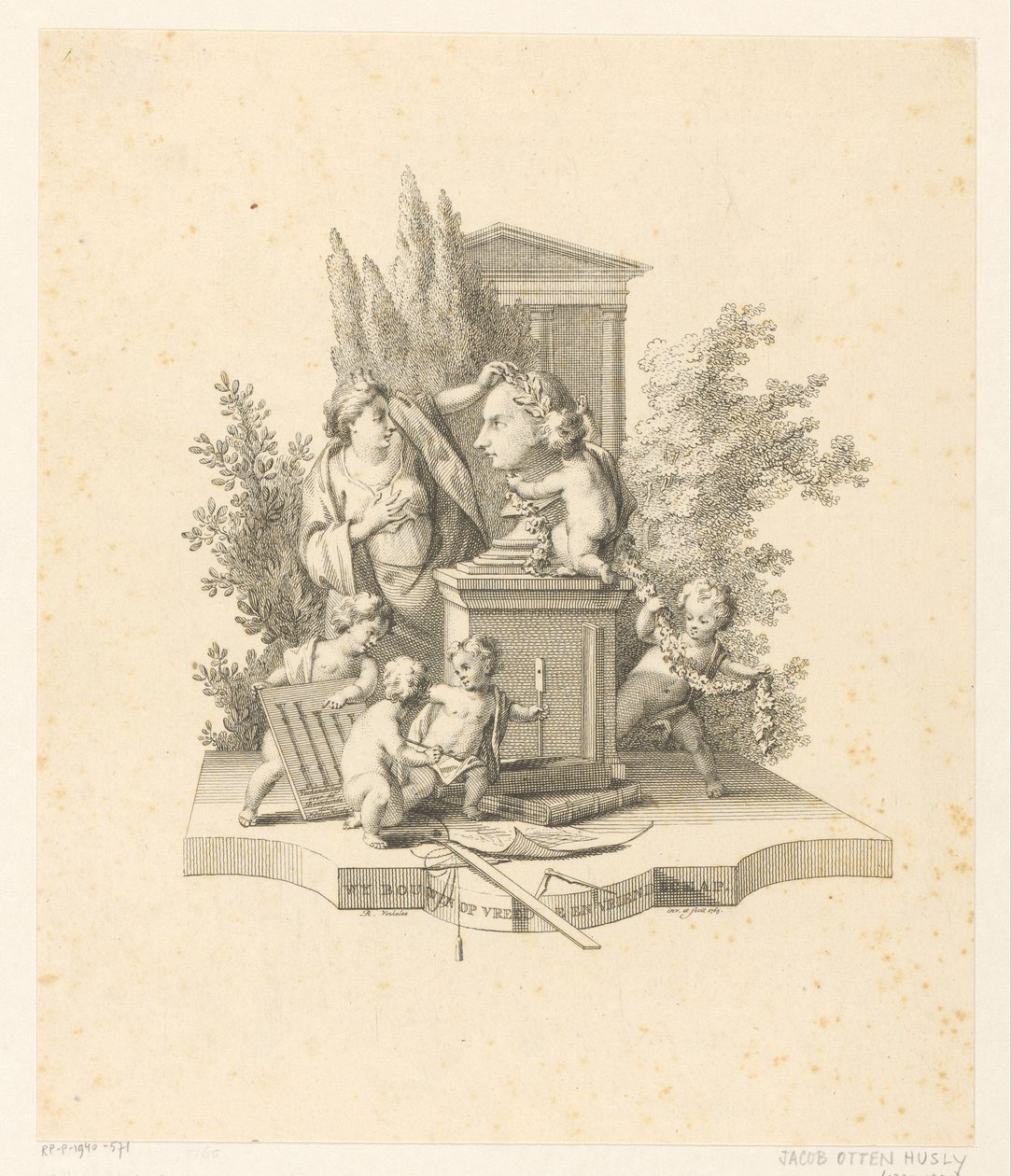 Allegorische Darstellung mit einer Büste von Jacob Otten Huslij von Reinier Vinkeles (I)