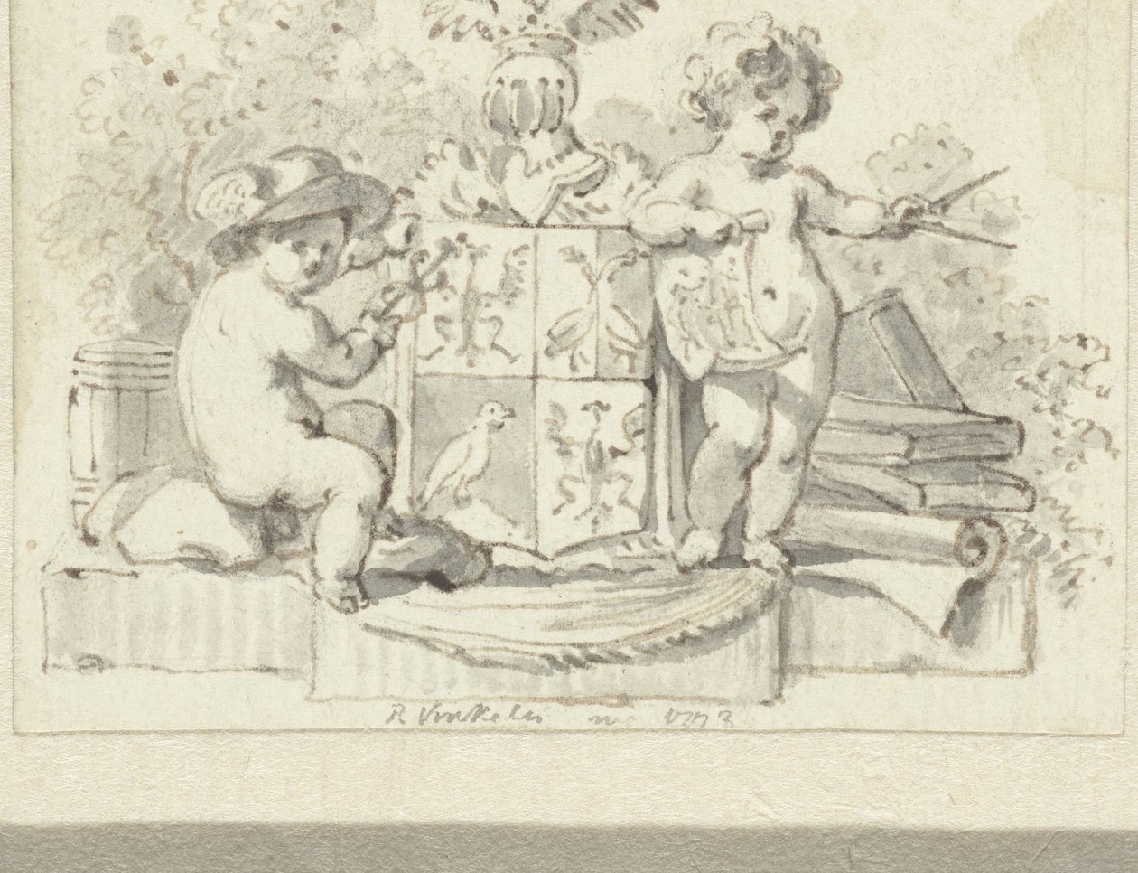 Zwei Putti mit Zirkel und Äskulapstab beim Familienwappen von Schoemaker von Reinier Vinkeles (I)