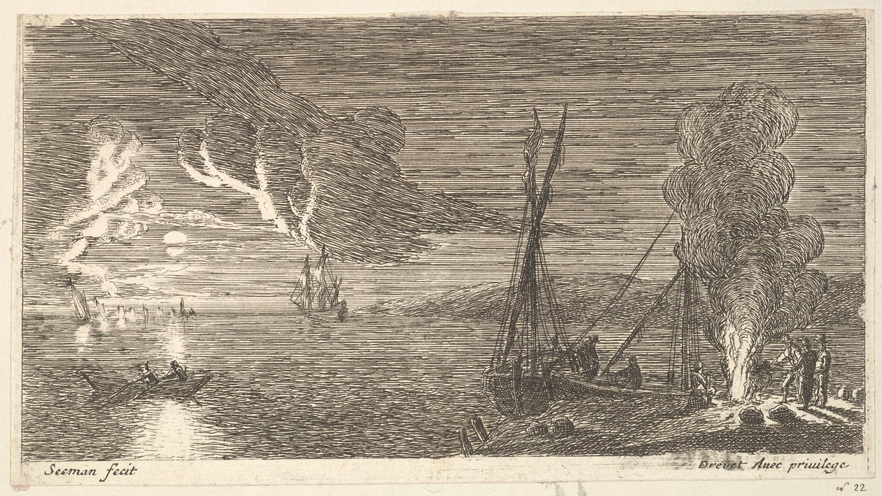 Nachtszene mit Fischer, der an einem Feuer steht, 17. Jahrhundert von Reinier Zeeman