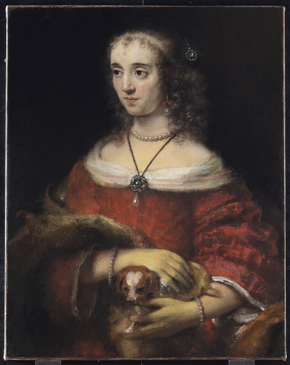 Porträt einer Dame mit einem Schoßhund von Rembrandt van Rijn