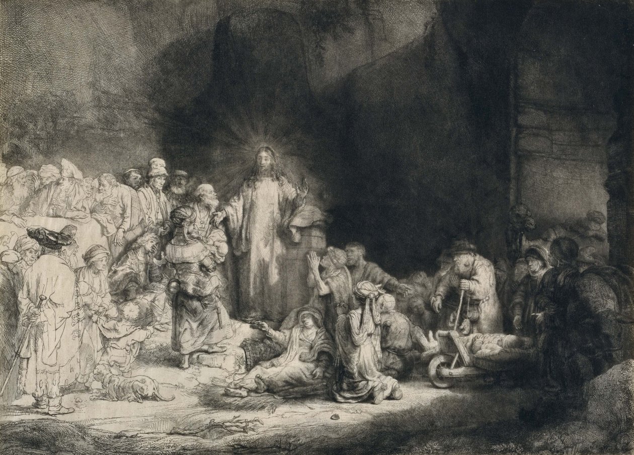 Christus mit den Kranken um sich, empfängt kleine Kinder (Der Hundert-Gulden-Druck) von Rembrandt van Rijn