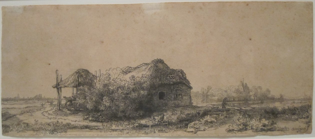 Landschaft mit Hütte und Heuschober, Radierung und Kaltnadel, Honolulu Museum of Art von Rembrandt