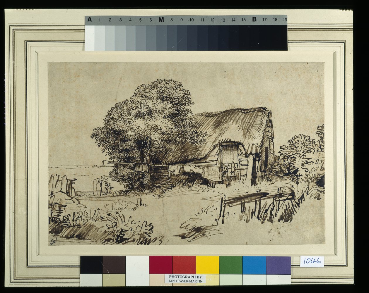 Ein strohgedecktes Häuschen bei einem großen Baum, eine Figur sitzt draußen, ca. 1648-52 (Feder & Tinte auf Papier) von Rembrandt Harmensz. van Rijn