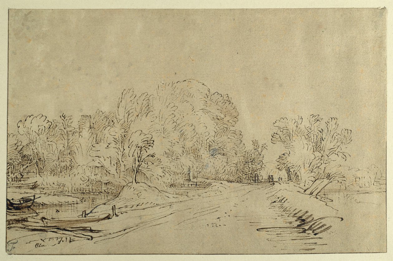 Kanal mit Booten, ein Deichweg und Bäume (Rohrfeder & Tinte mit Waschung auf Papier) von Rembrandt Harmensz. van Rijn