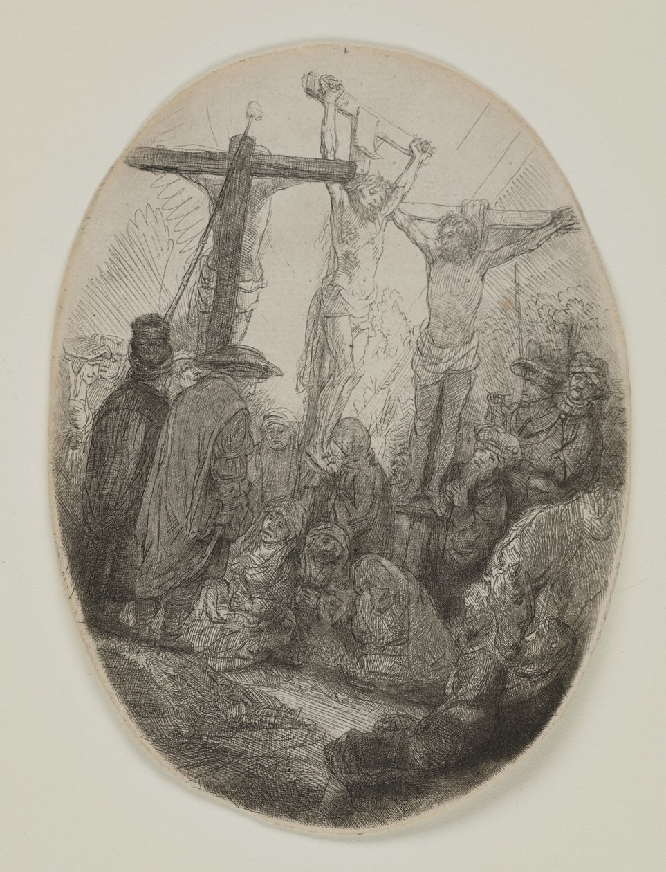 Christus gekreuzigt zwischen zwei Dieben: Ein ovales Bild von Rembrandt van Rijn