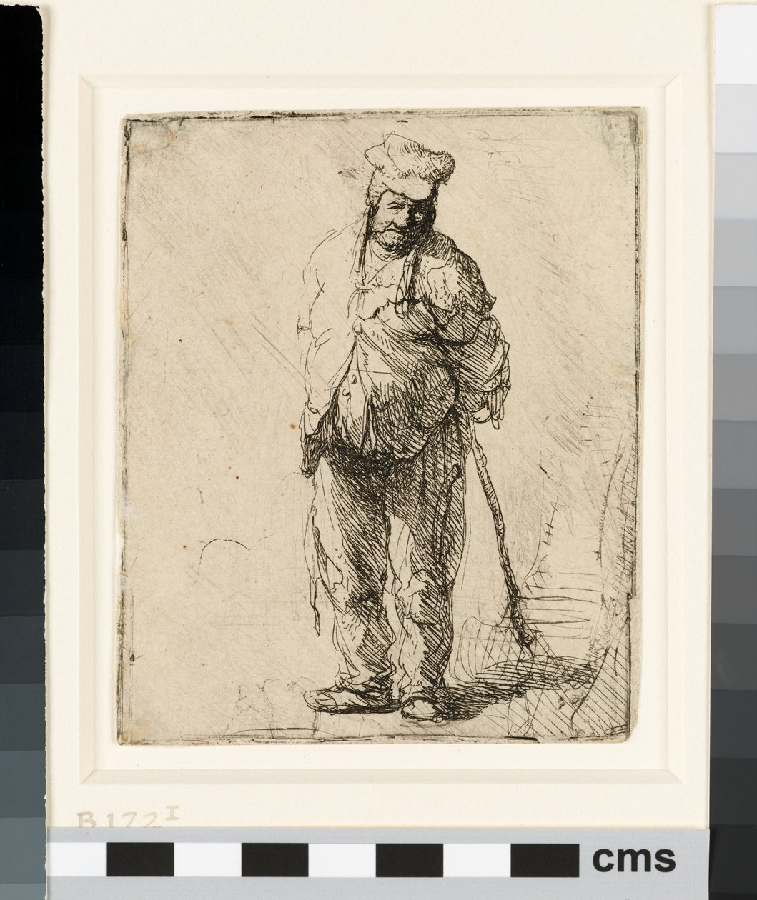 Zerlumpter Bauer mit hinter dem Rücken verschränkten Händen, der einen Stock hält, ca. 1630 von Rembrandt van Rijn