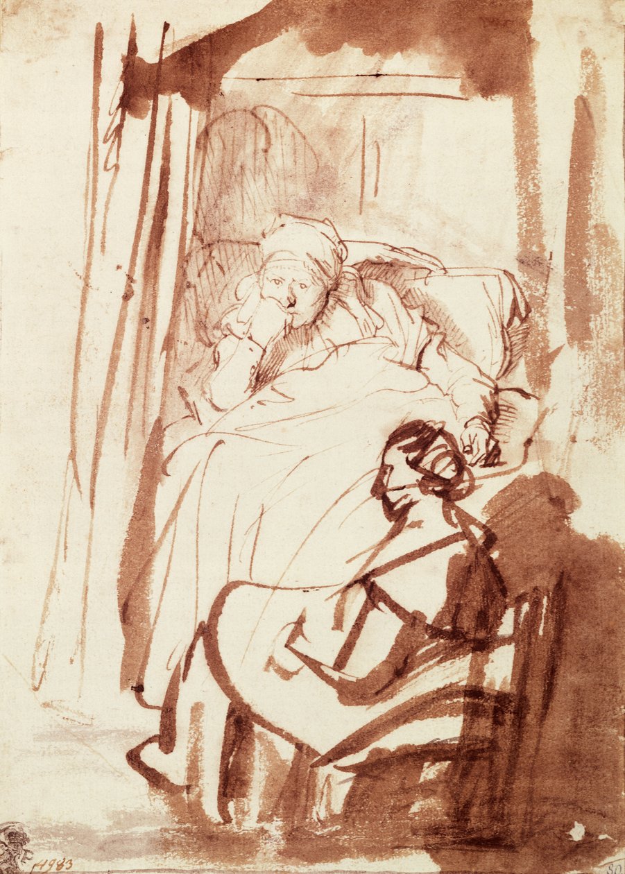 Saskia im Bett liegend, eine Frau sitzt an ihren Füßen von Rembrandt Harmensz. van Rijn