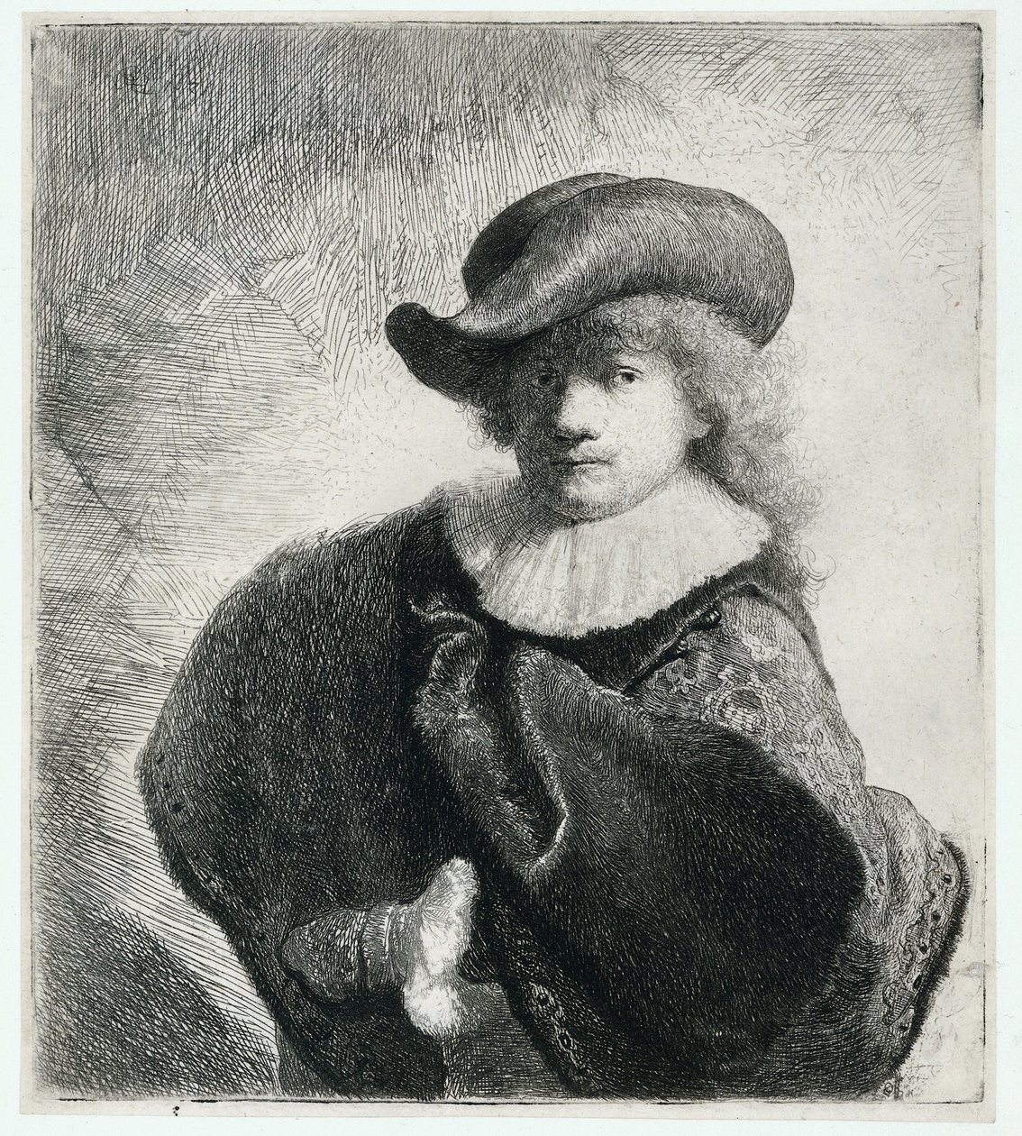 Selbstporträt mit weichem Hut und gemustertem Mantel von Rembrandt Harmensz. van Rijn