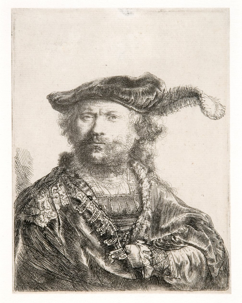 Selbstporträt mit Samtkappe und Feder von Rembrandt Harmensz. van Rijn