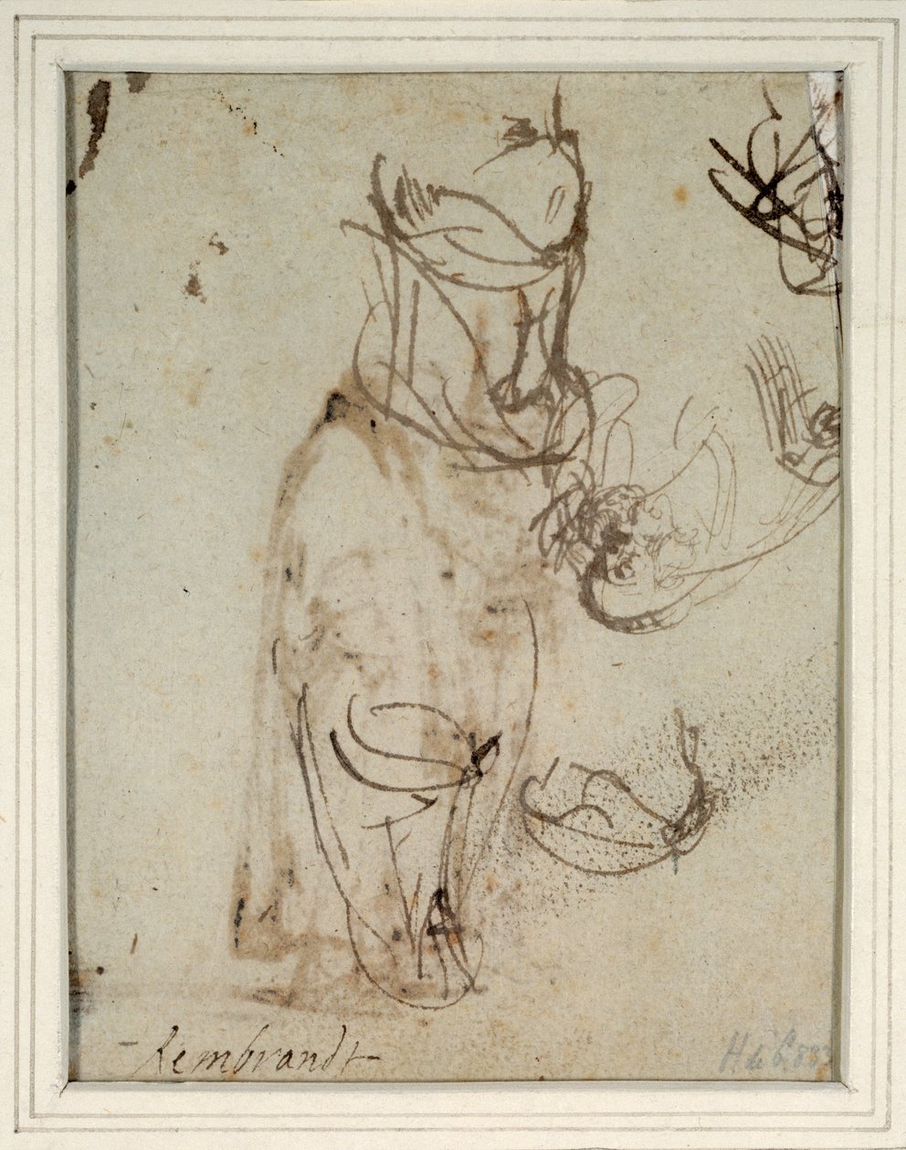 Studien eines hohen Kopfschmucks und eines umgekehrten Kopfes (verso) von Rembrandt Harmensz. van Rijn