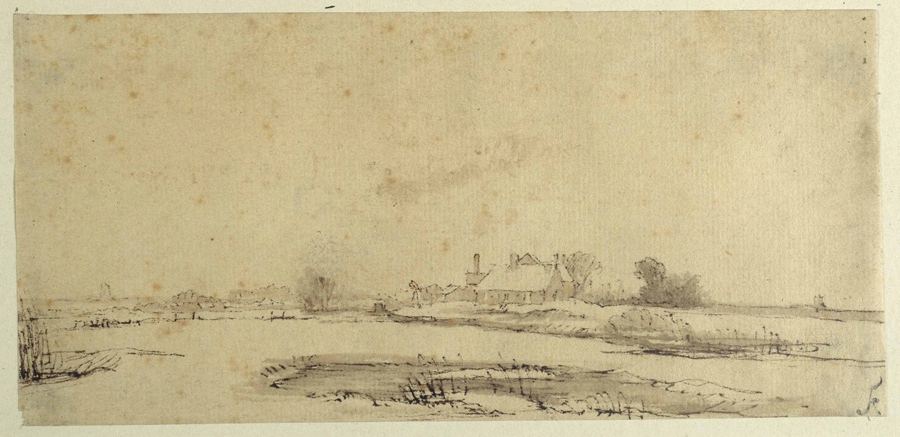 Wasser, Wiesen und ein Bauernhof von Rembrandt Harmensz. van Rijn
