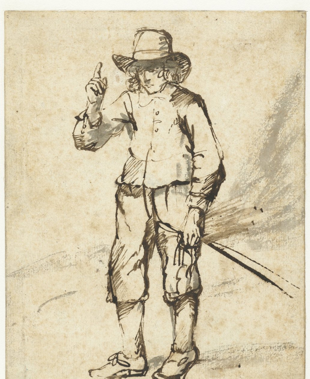 Stehender Junge mit einer Peitsche und erhobener rechter Hand von Rembrandt van Rijn (school of)