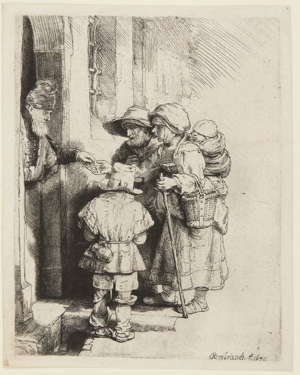 Ein blinder Drehleierspieler und Familie erhalten Almosen von Rembrandt van Rijn