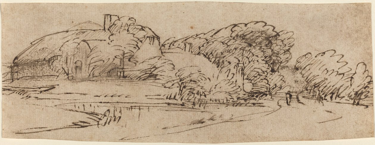 Landschaft mit Bauernhäusern zwischen Bäumen von Rembrandt van Rijn