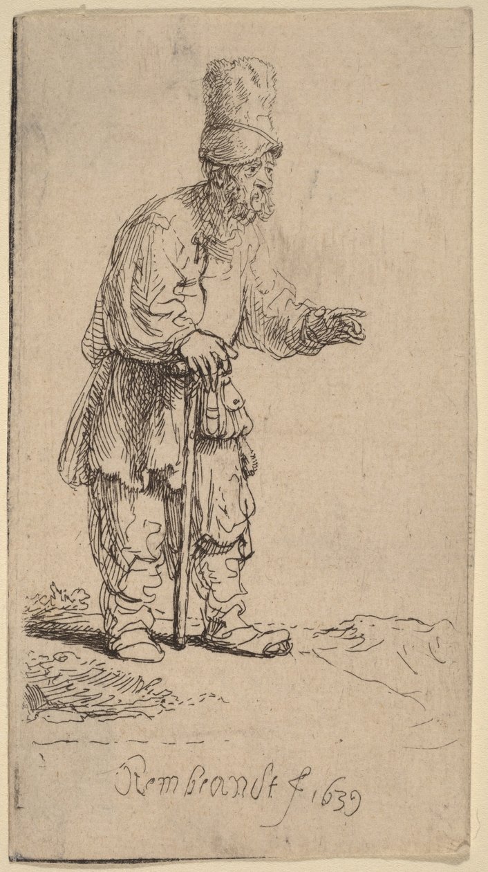 Ein Bauer mit hoher Mütze, stehend und auf einen Stock gelehnt von Rembrandt van Rijn