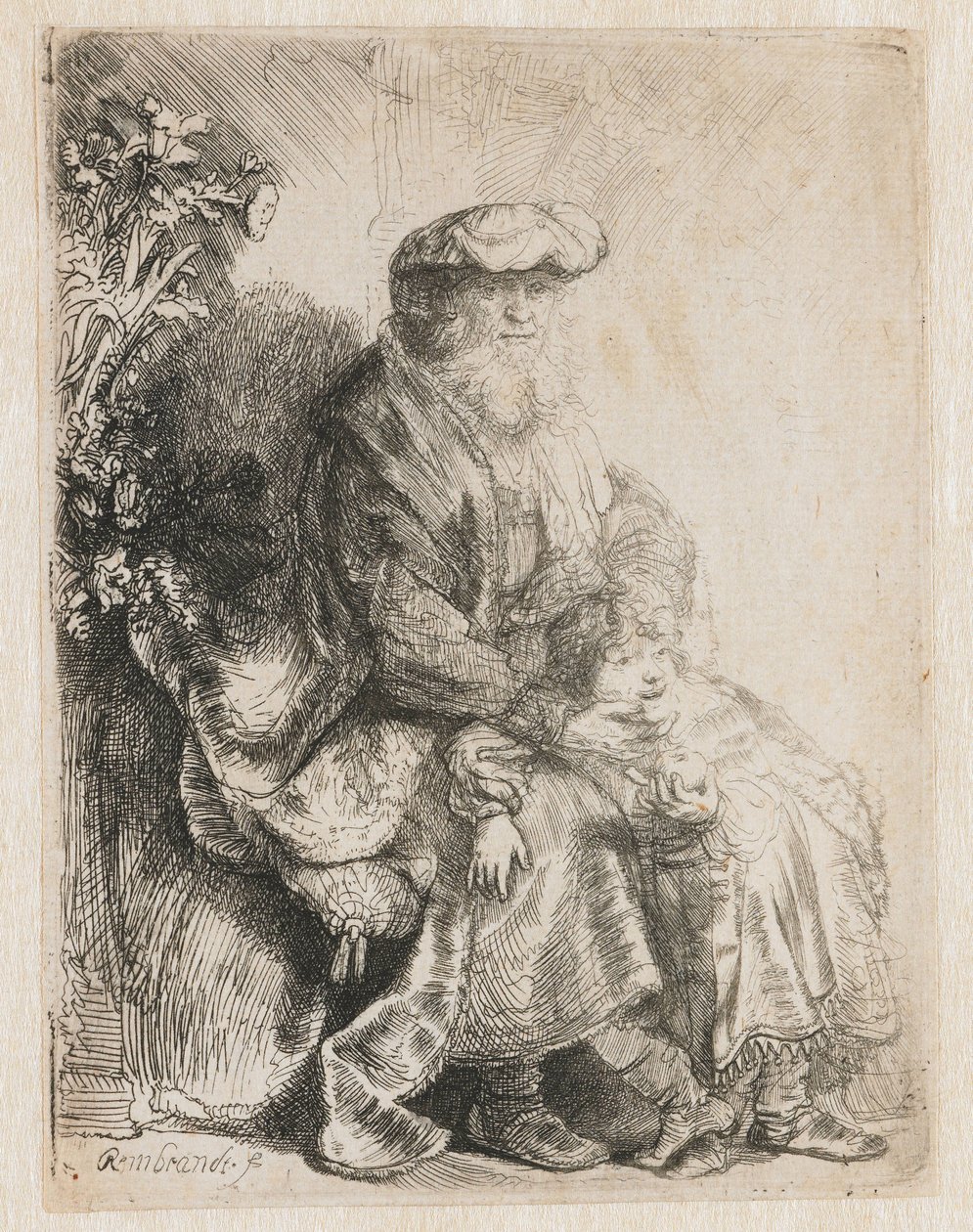 Abraham streichelt Isaak, Jakob streichelt Benjamin von Rembrandt van Rijn