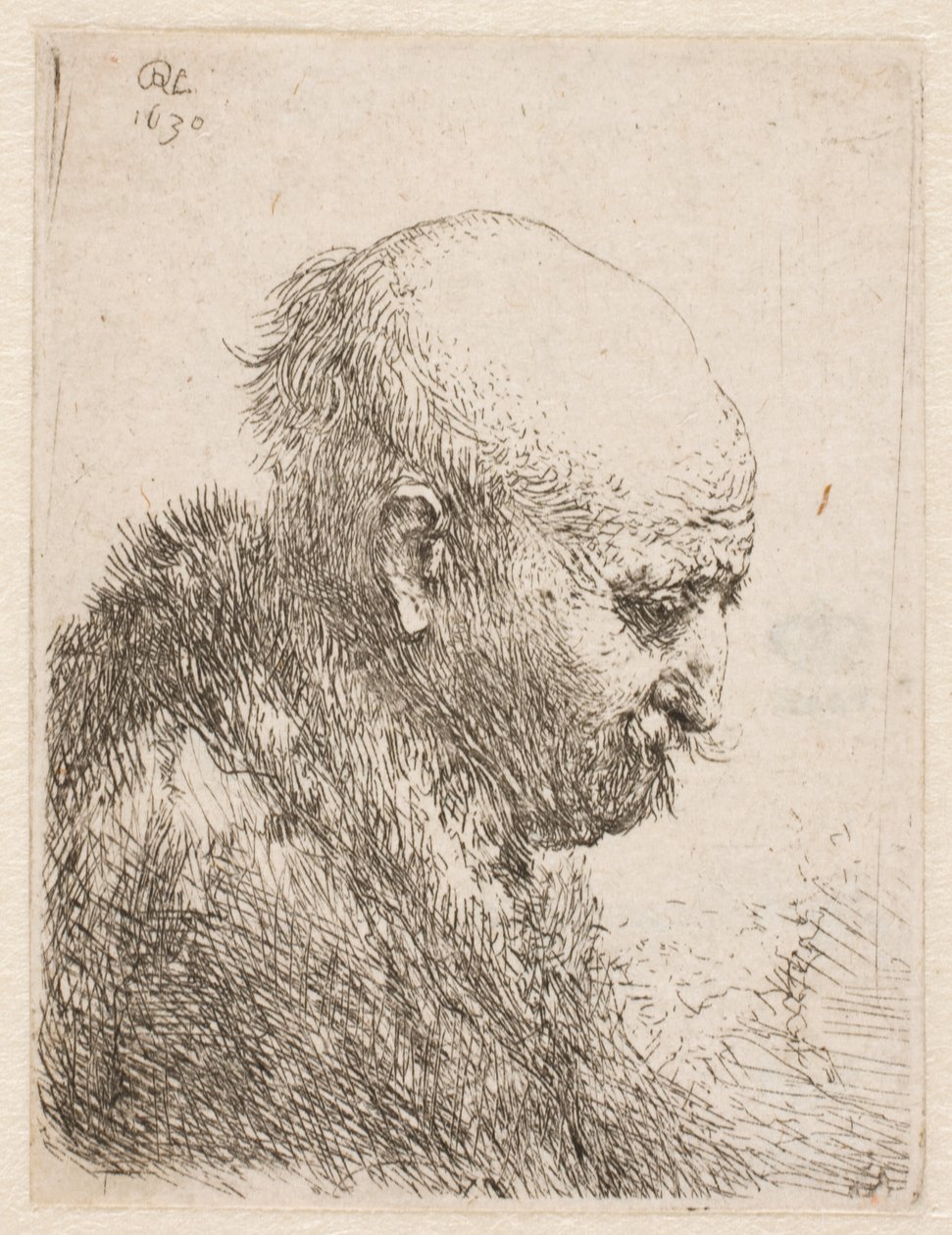 Kahlköpfiger Mann (Rembrandts Vater?) im Profil rechts; kleine Büste von Rembrandt van Rijn