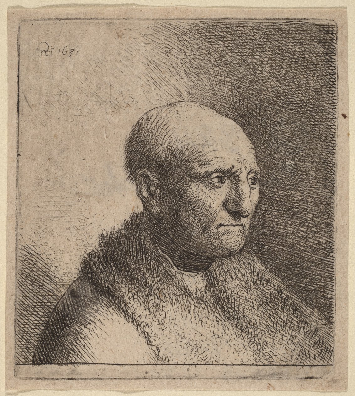Glatzköpfiger Mann in einem Pelzmantel von Rembrandt van Rijn