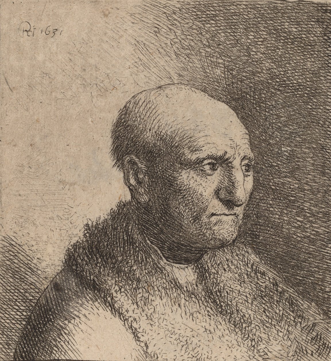 Kahlköpfiger Mann in einem Pelzmantel (ca. 1630) von Rembrandt van Rijn