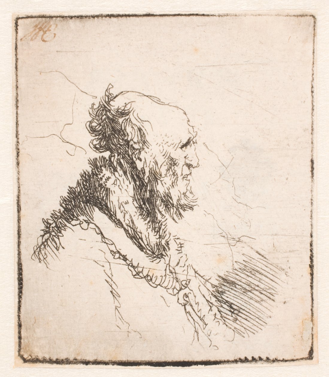 Glatzköpfiger alter Mann mit kurzem Bart, Profil nach rechts von Rembrandt van Rijn