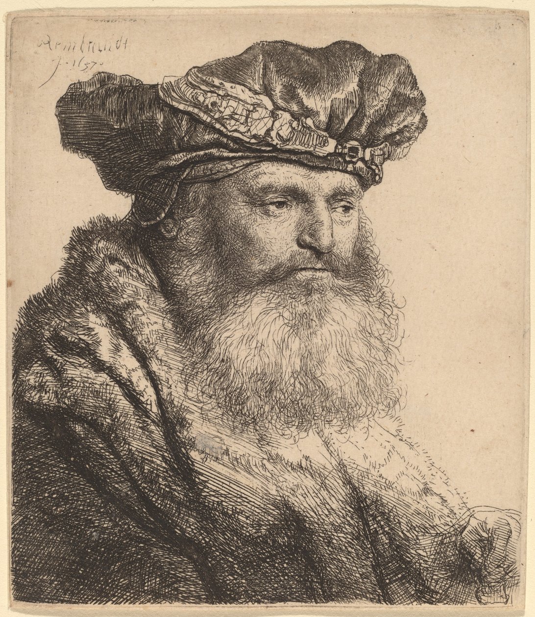 Bärtiger Mann mit Samtkappe und Juwelenverschluss von Rembrandt van Rijn
