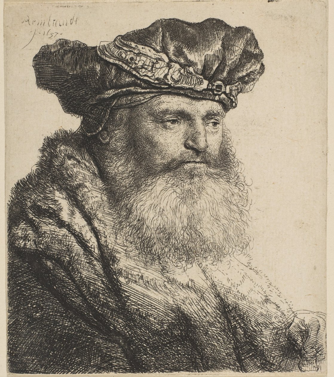 Bärtiger Mann mit Samtkappe und Juwelenverschluss von Rembrandt van Rijn