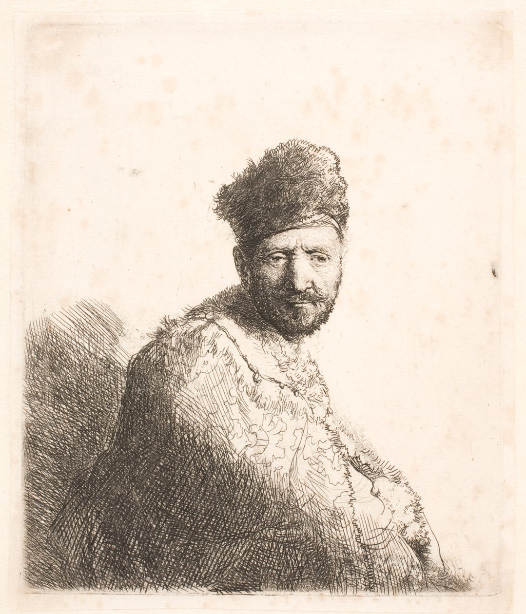 Bärtiger Mann (Rembrandts Vater?) in pelzbesetzter orientalischer Mütze und Robe: halbe Länge von Rembrandt van Rijn