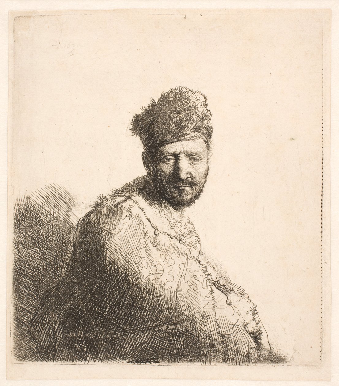 Bärtiger Mann (Rembrandts Vater?) in pelzbesetzter orientalischer Mütze und Robe: Halbfigur von Rembrandt van Rijn