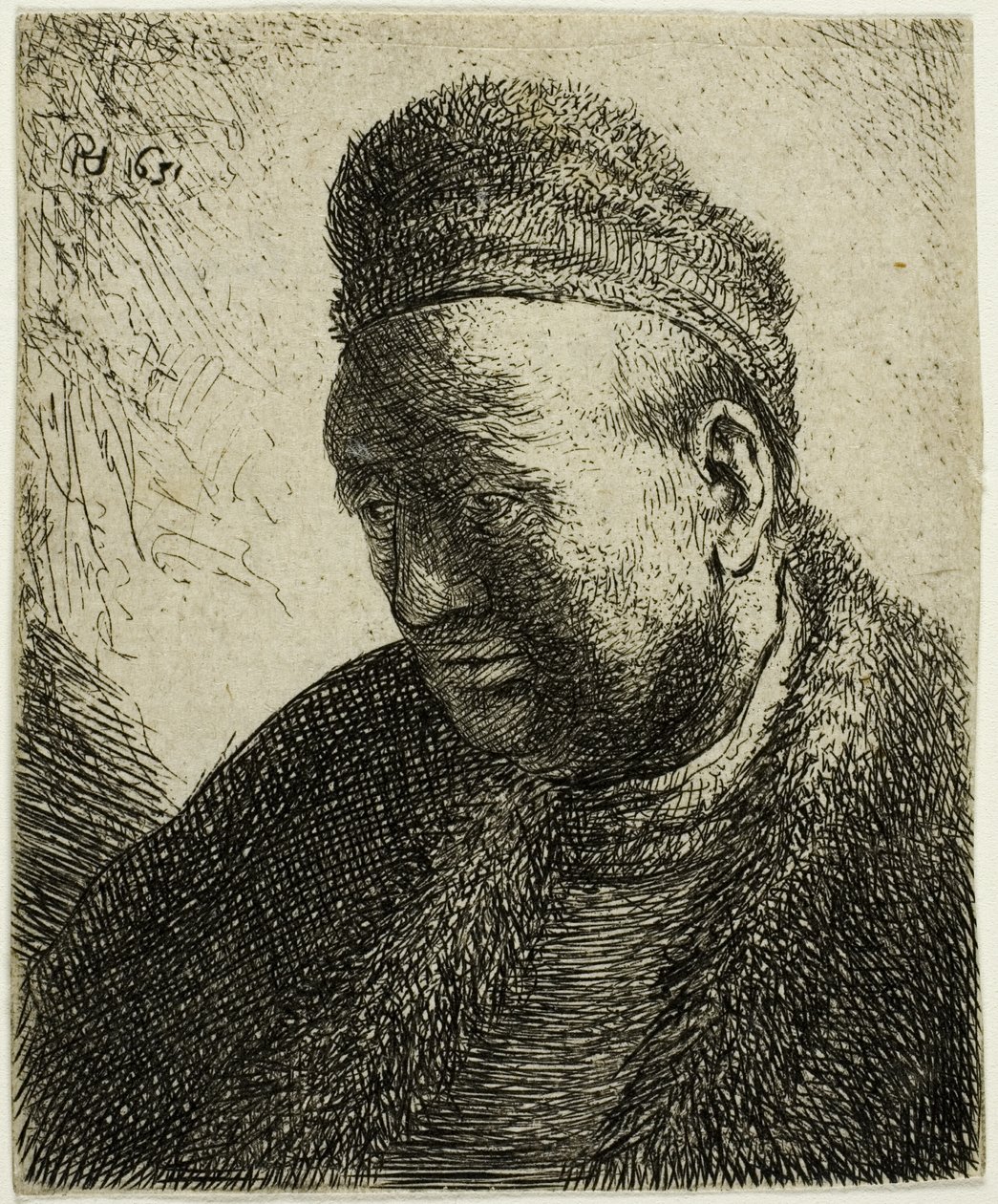 Bartloser Mann in einem Pelzmantel und einer Mütze: Büste von Rembrandt van Rijn