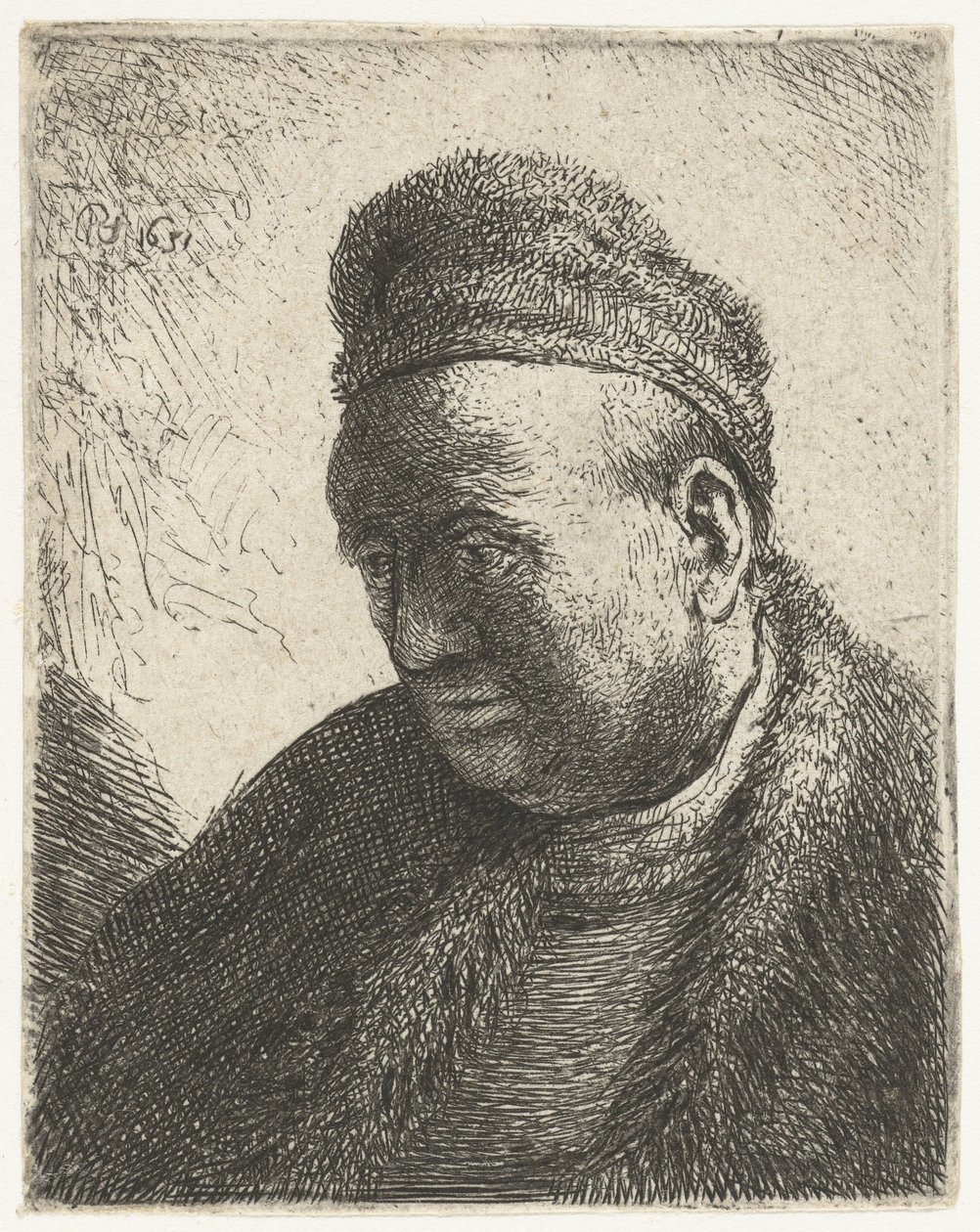 Bartloser Mann in einem Pelzmantel und einer Mütze: Büste von Rembrandt van Rijn