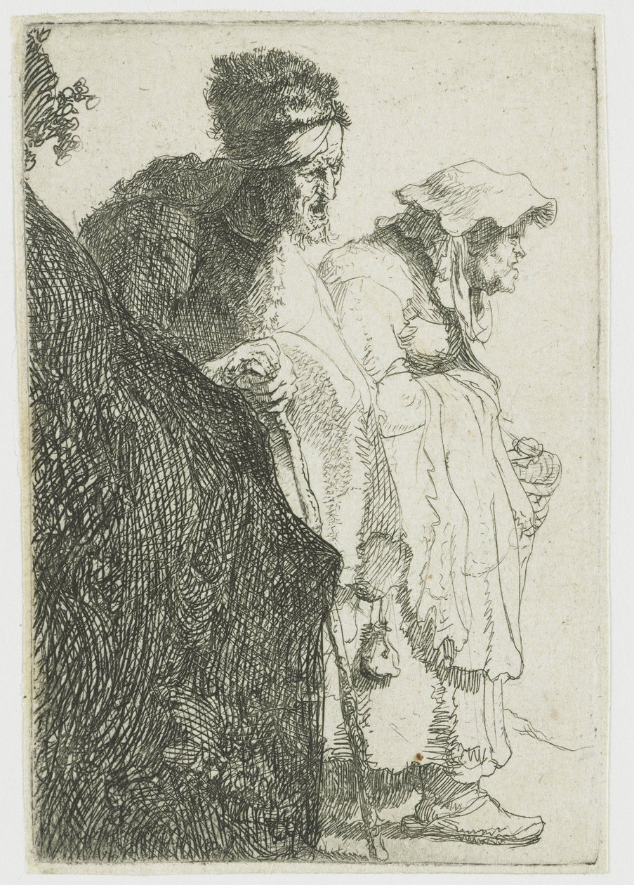 Bettler Mann und Frau hinter einer Bank von Rembrandt van Rijn