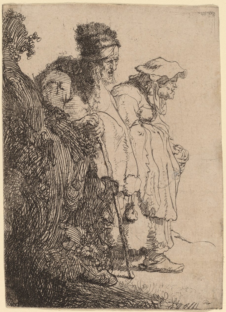 Bettler Mann und Frau hinter einer Bank von Rembrandt van Rijn