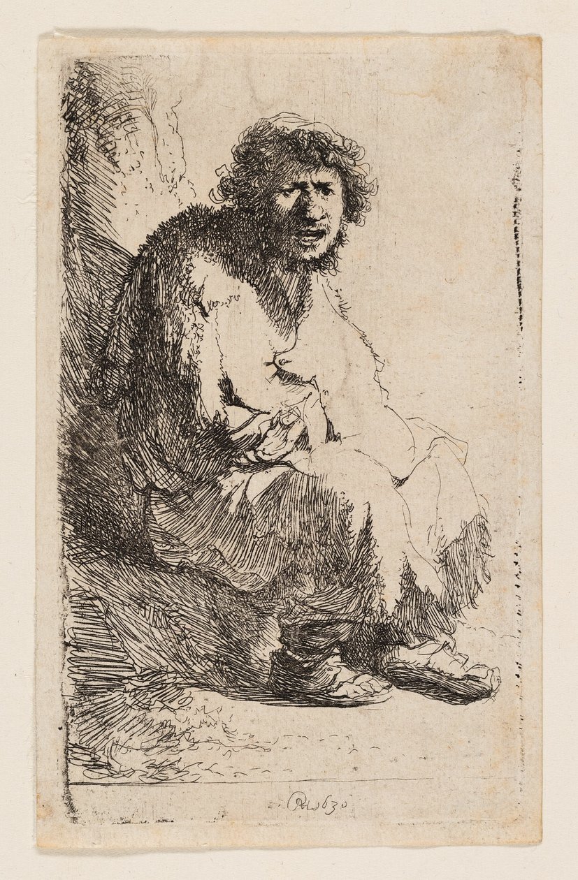 Bettler, der auf einer Bank sitzt von Rembrandt van Rijn