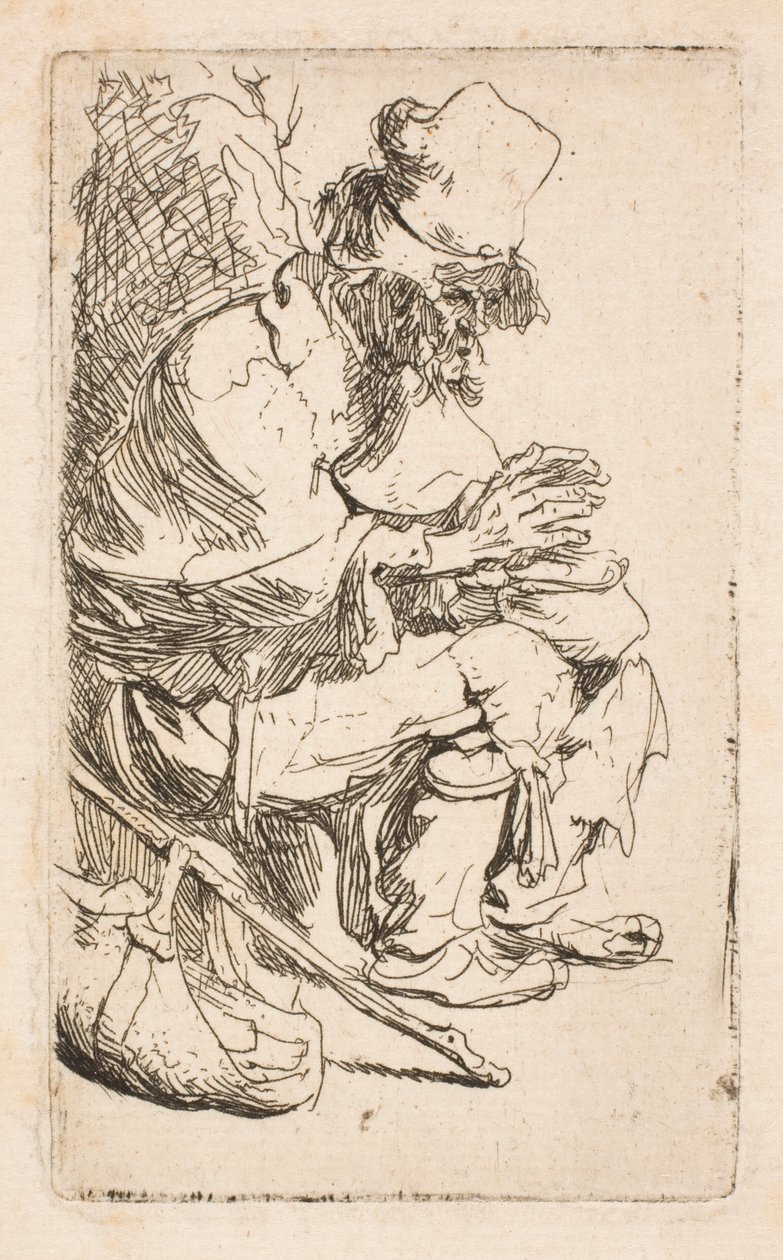 Bettler sitzt und wärmt seine Hände an einer Kohlenpfanne von Rembrandt van Rijn