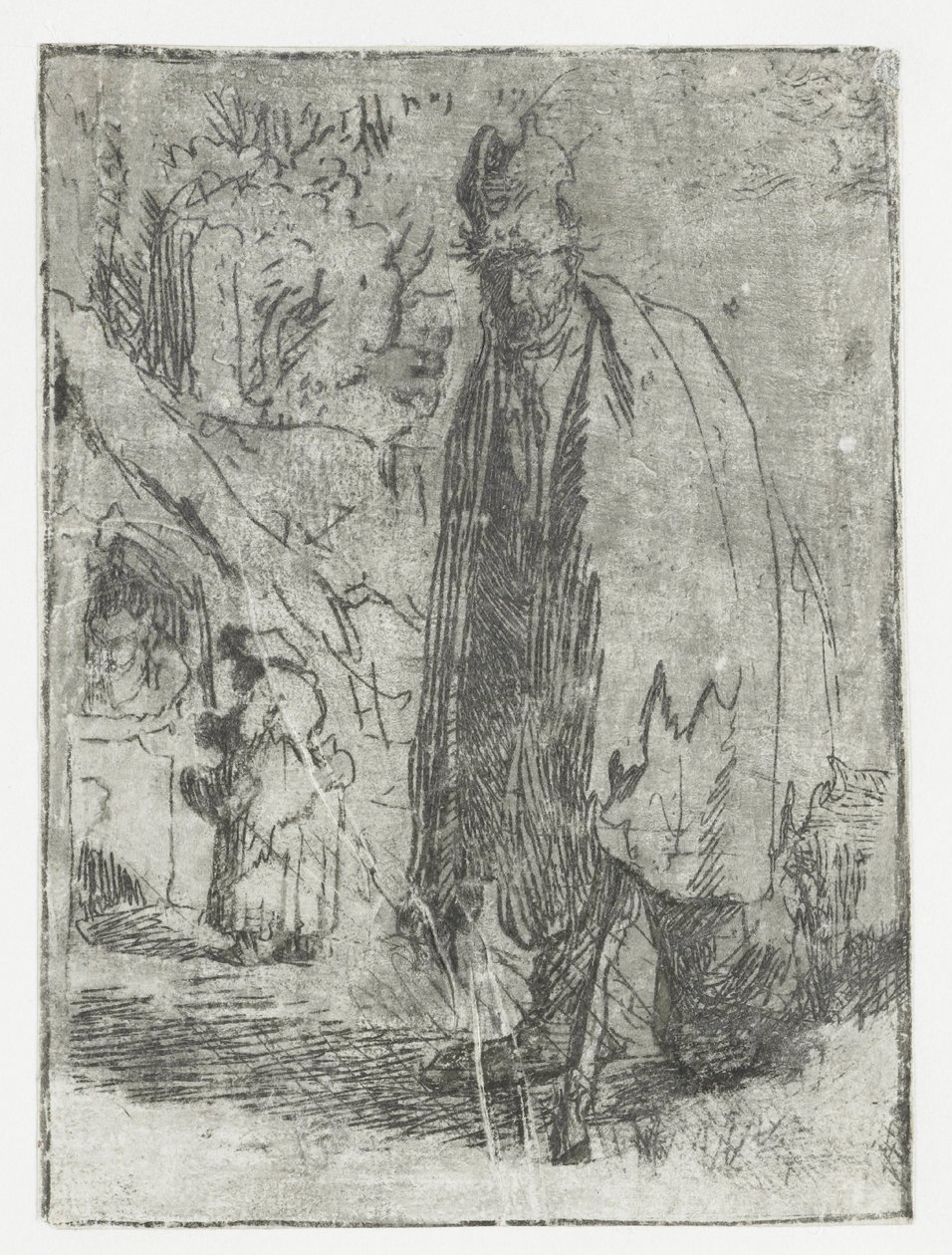 Bettler mit Hütte und zwei Figuren im Hintergrund von Rembrandt van Rijn
