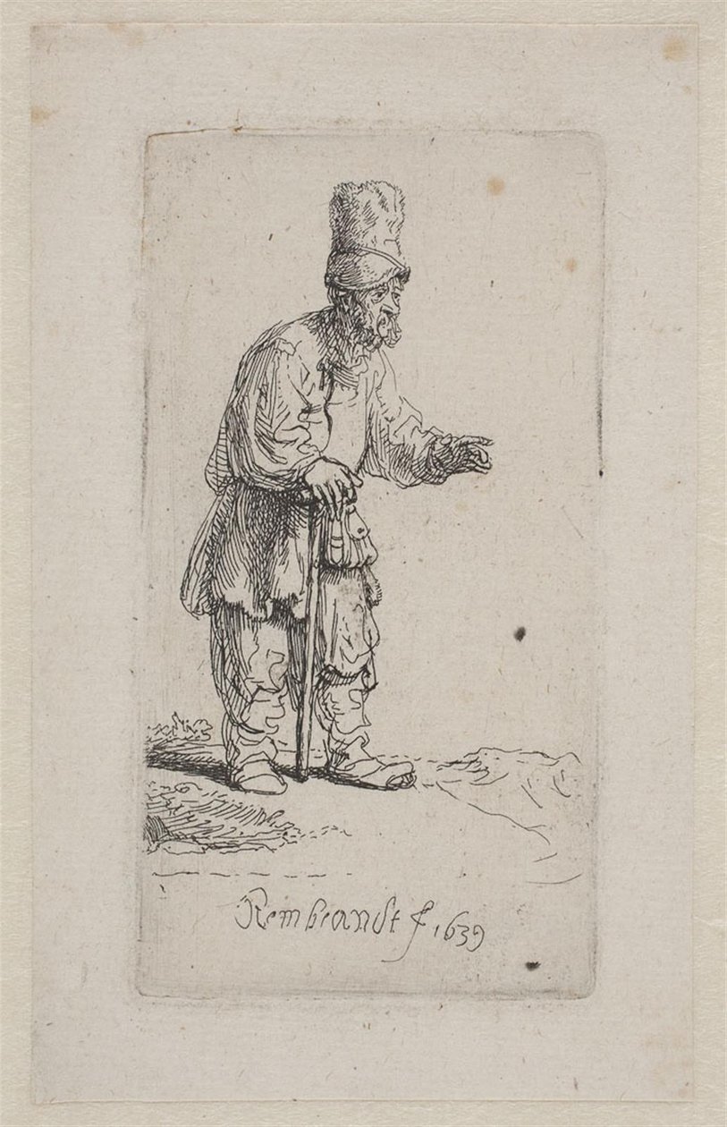 Bauer, der sich auf einen Stock stützt von Rembrandt van Rijn