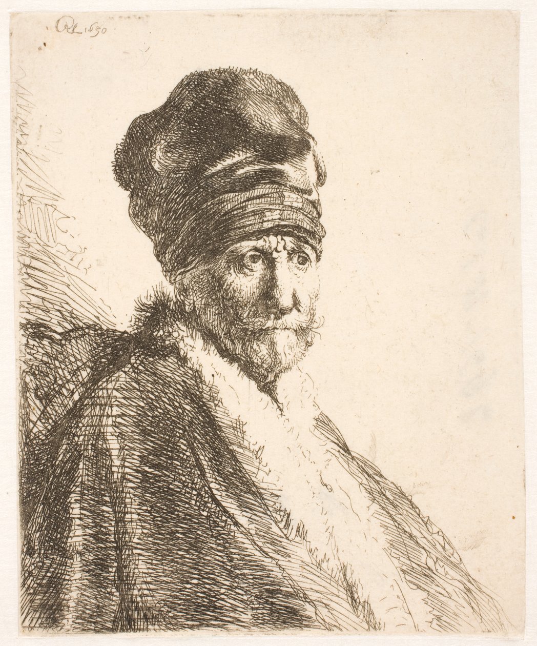 Büste eines Mannes (Rembrandts Vater?) mit hoher Mütze, Dreiviertelansicht von Rembrandt van Rijn