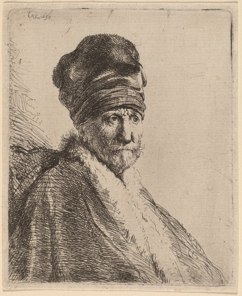 Büste eines Mannes mit hohem Hut, Dreiviertelansicht rechts (Der Vater des Künstlers?) von Rembrandt van Rijn