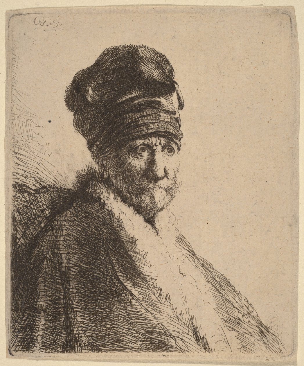 Büste eines Mannes mit hohem Hut, Dreiviertelansicht rechts (Der Vater des Künstlers?) von Rembrandt van Rijn