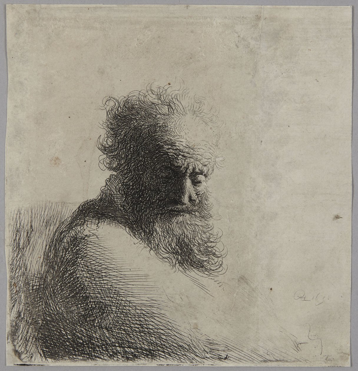 Büste eines alten Mannes, nach unten blickend, Dreiviertel rechts von Rembrandt van Rijn