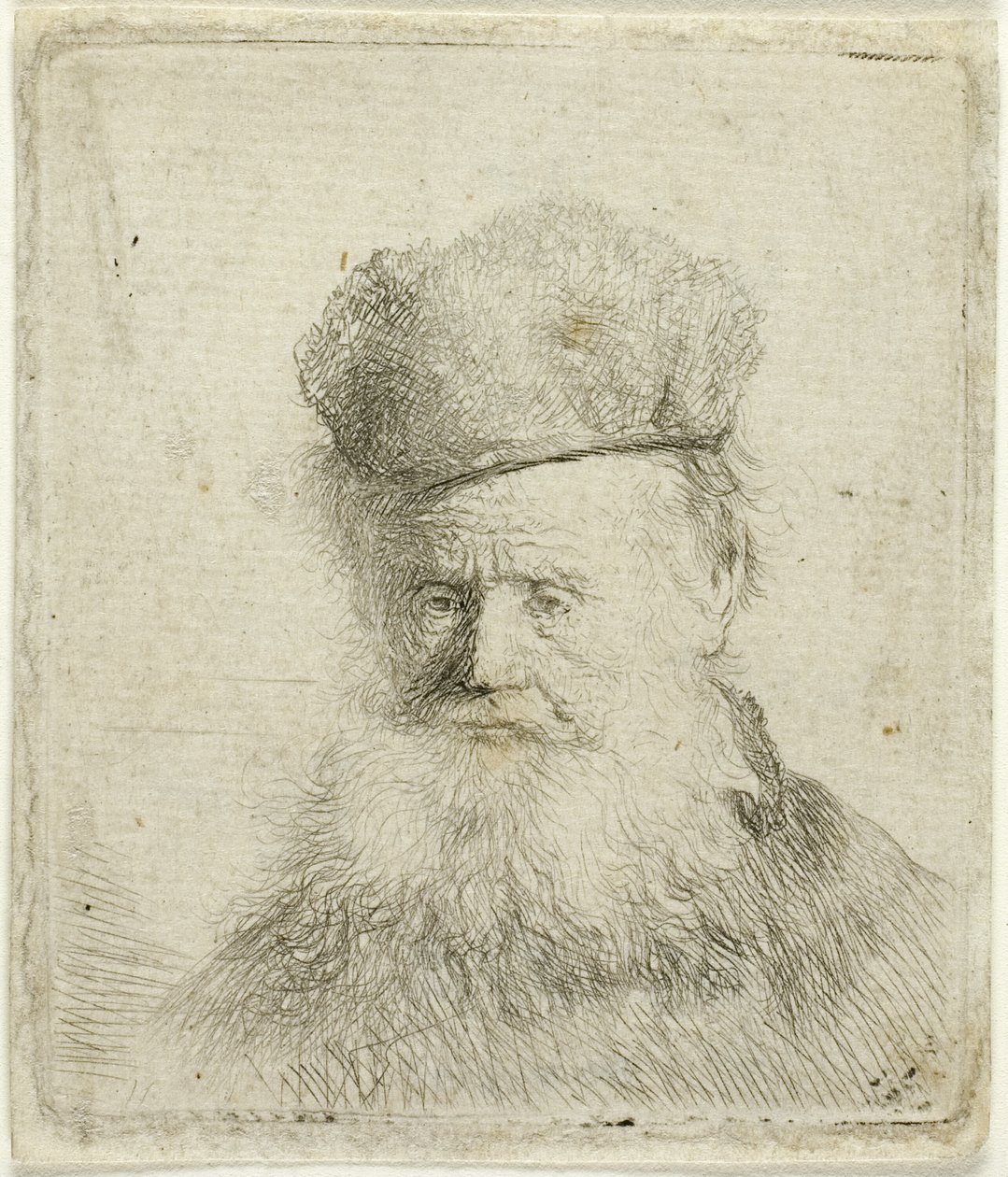 Büste eines alten Mannes mit Pelzmütze und fließendem Bart, fast im Vollgesicht von Rembrandt van Rijn