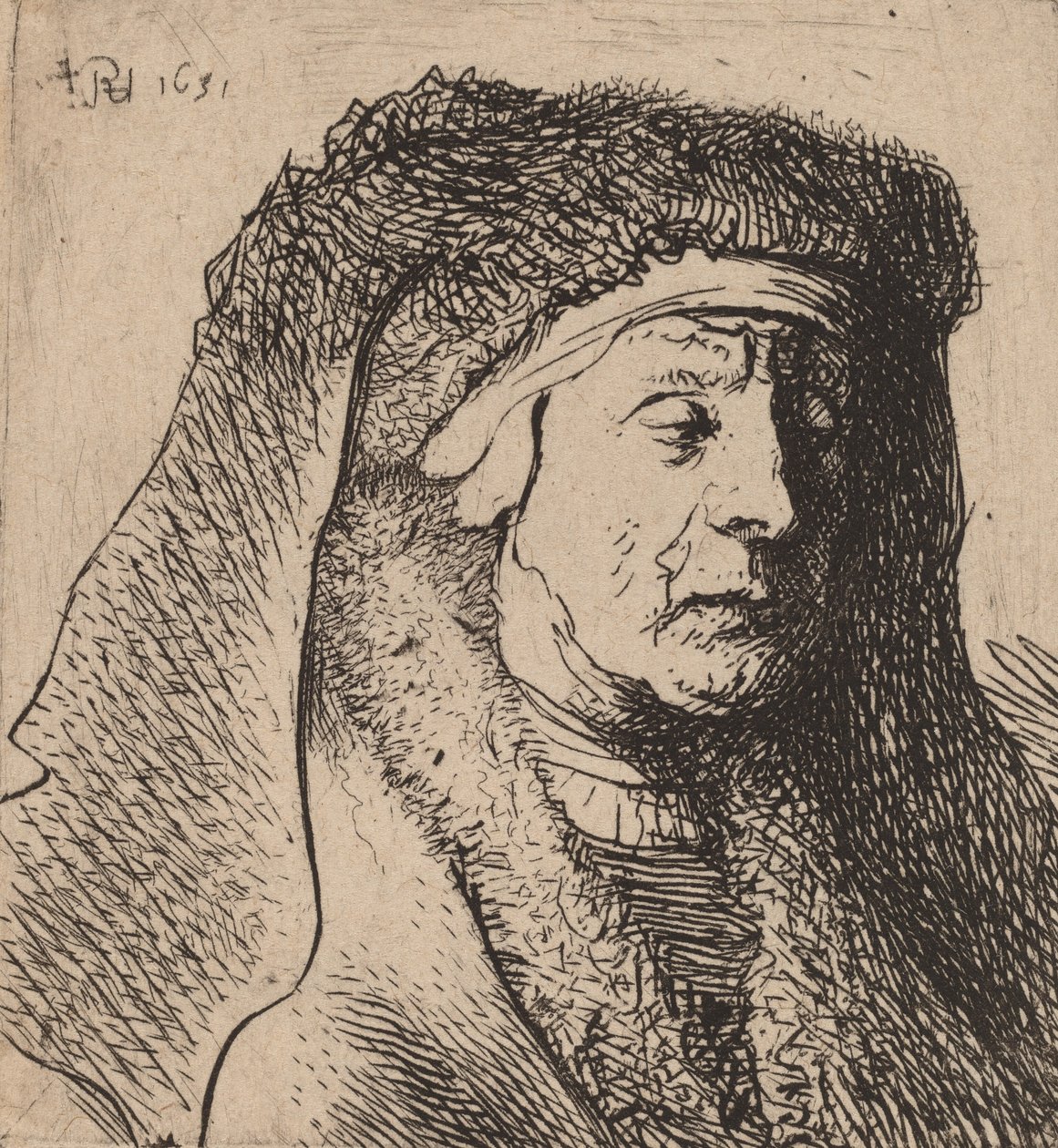 Büste einer alten Frau in einem Pelzmantel und schwerem Kopfschmuck von Rembrandt van Rijn