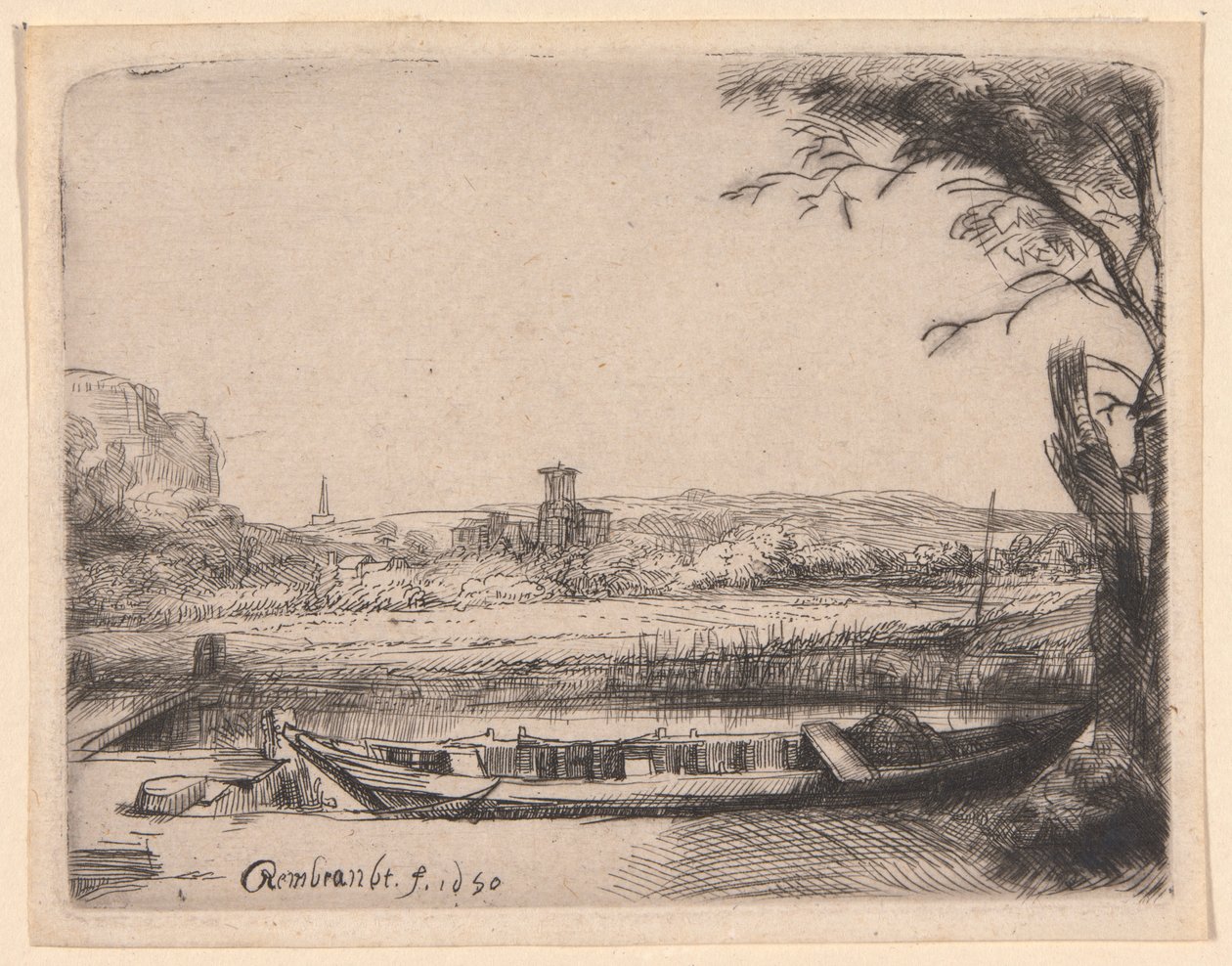 Kanal mit einem großen Boot und einer Brücke von Rembrandt van Rijn