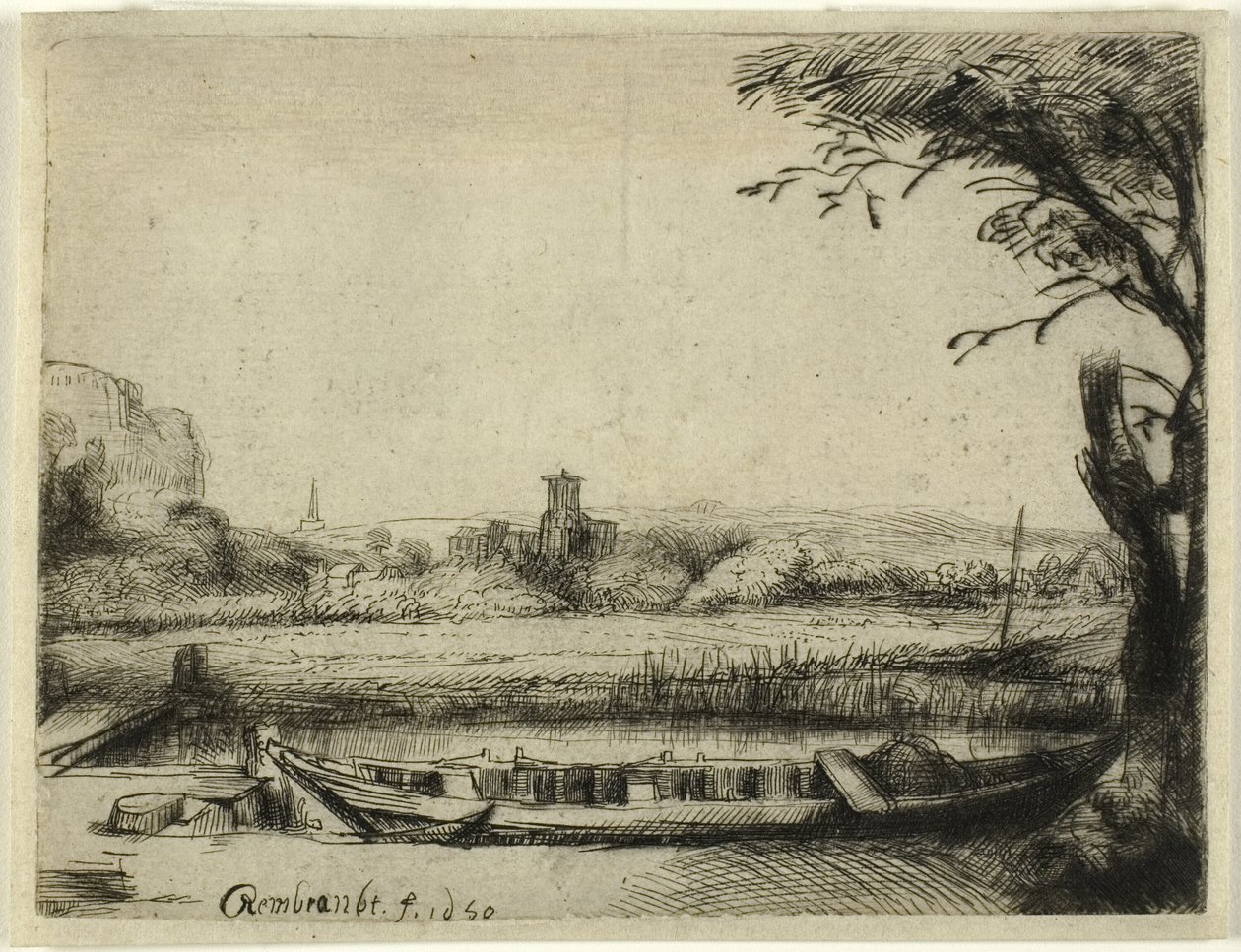 Kanal mit großem Boot und Brücke von Rembrandt van Rijn