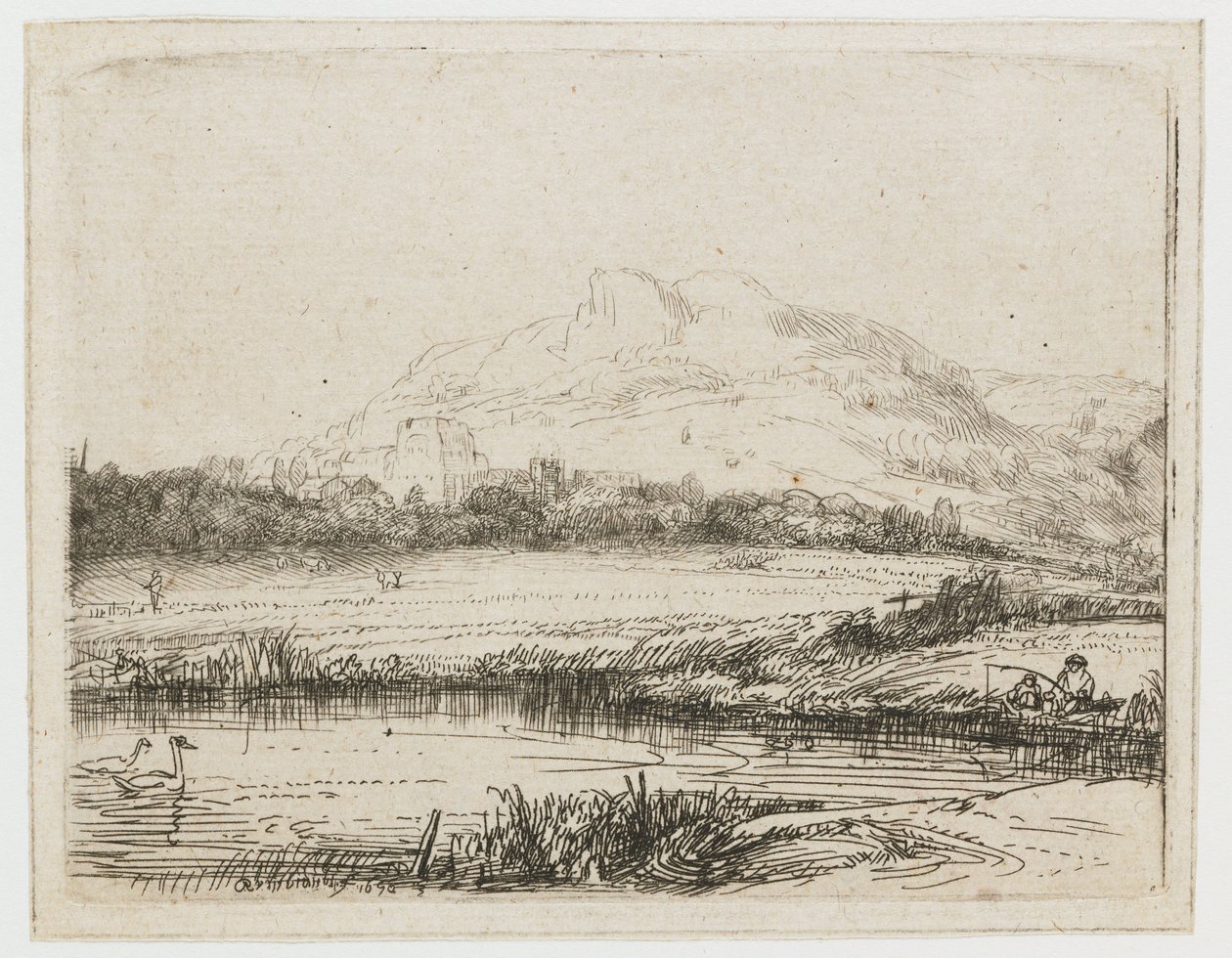 Kanal mit Angler und zwei Schwänen von Rembrandt van Rijn