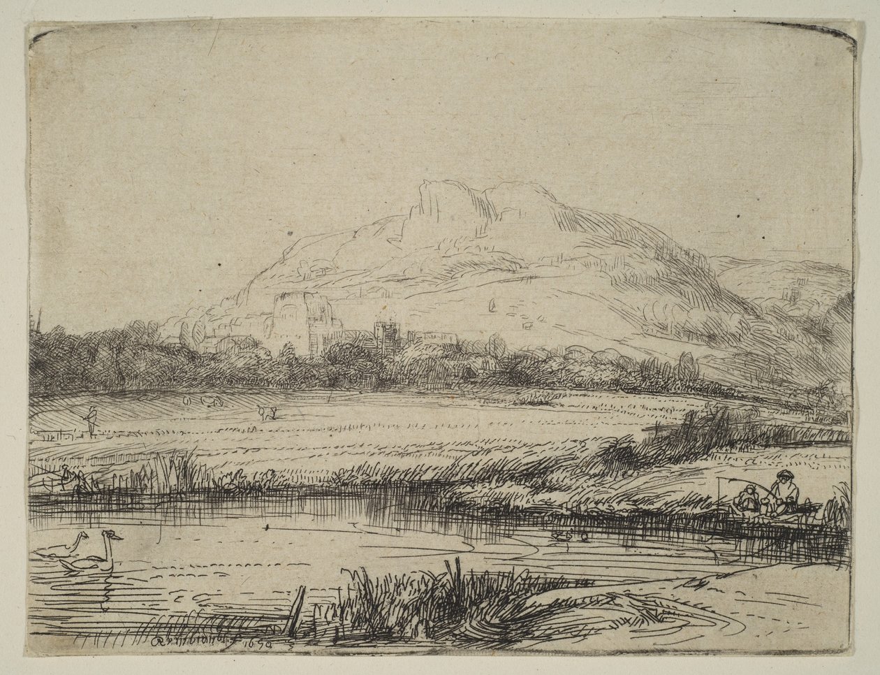 Kanal mit einem Angler und zwei Schwänen, 1650 von Rembrandt van Rijn