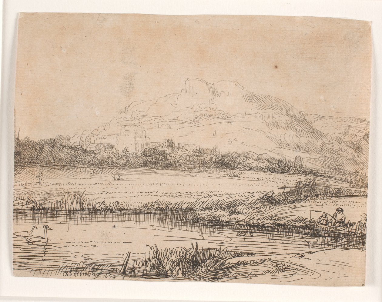 Kanal mit einem Angler und zwei Schwänen von Rembrandt van Rijn